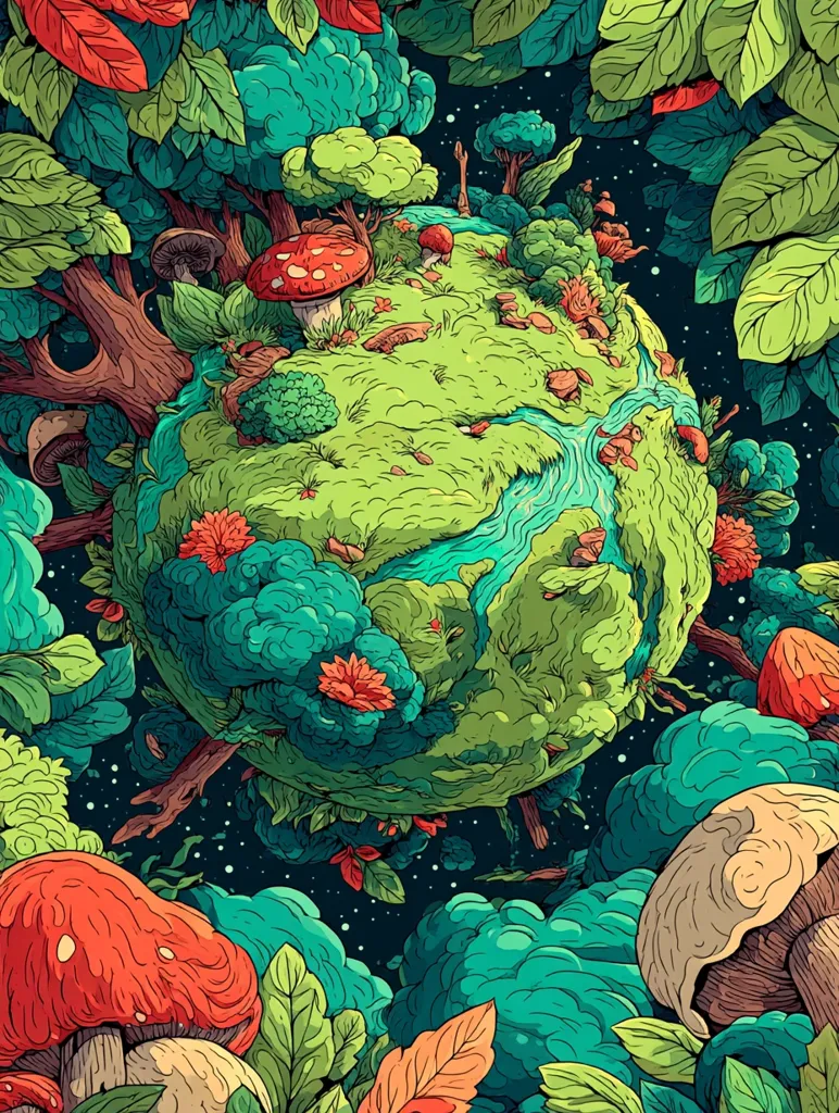 A vibrant, stylized illustration depicts a planet enveloped by lush greenery, teeming with fantastical flora and fauna.  A whimsical river winds through the planet's surface, dotted with mushrooms and flowers.  Surrounding the planet are vibrant leaves and more mushrooms, creating a surreal, dreamlike forest scene against a dark, starry backdrop. The artwork uses bold colors and intricate details, creating a sense of magical realism.