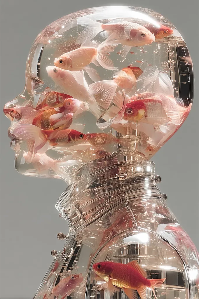 A translucent sculpture of a human head and torso is filled with goldfish.  The fish, in shades of pale orange and white, swim within the clear, resin-like material forming the figure.  The sculpture's surface is intricately textured, creating a striking contrast between the smooth, flowing forms of the fish and the structured, almost mechanical, lines of the body.  The overall effect is both ethereal and strangely mechanical.