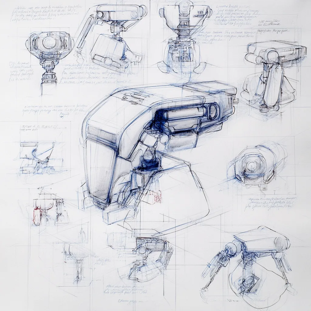 A detailed blueprint showcases multiple perspectives of a robot design.  Various sketches illustrate the robot's body, head, and limbs from different angles.  Handwritten notes and annotations in a foreign language are interspersed among the drawings, offering insights into the design process. The style suggests concept art for a film or game, emphasizing mechanical details and functionality. The overall aesthetic is clean and technical, characteristic of preliminary engineering drawings.