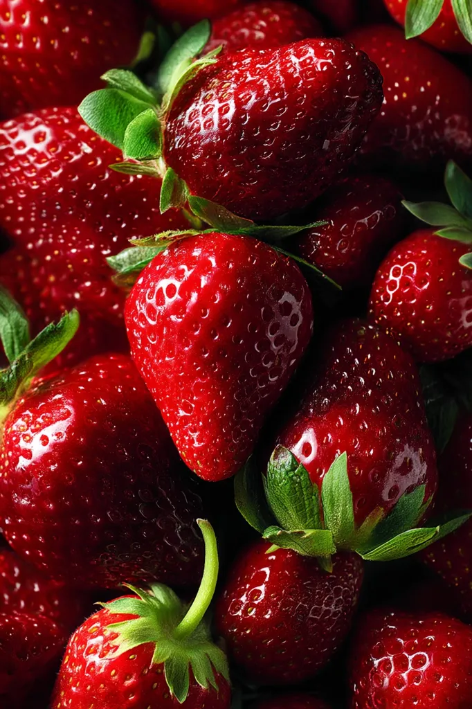 A close-up shot reveals a vibrant cluster of ripe strawberries.  Their deep red hue glistens, suggesting freshness and juiciness.  Green caps and leaves accentuate the bright red of the berries, creating a visually appealing texture and contrast. The image focuses on the detail of the strawberries, highlighting their plumpness and appealing color.