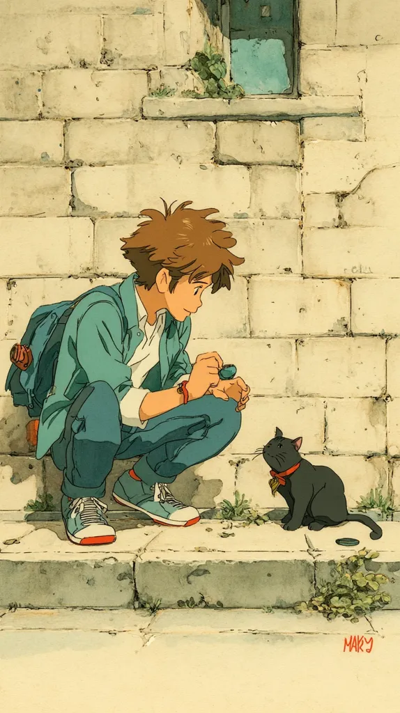 A young man with brown hair, wearing a teal jacket and jeans, squats before a black cat.  He holds a small object in his hand, seemingly interacting with the feline. They are situated against a backdrop of an aged, light-colored brick wall with patches of greenery sprouting from the crevices. The scene evokes a peaceful, nostalgic atmosphere.  The artwork is detailed, with soft coloring reminiscent of animation.