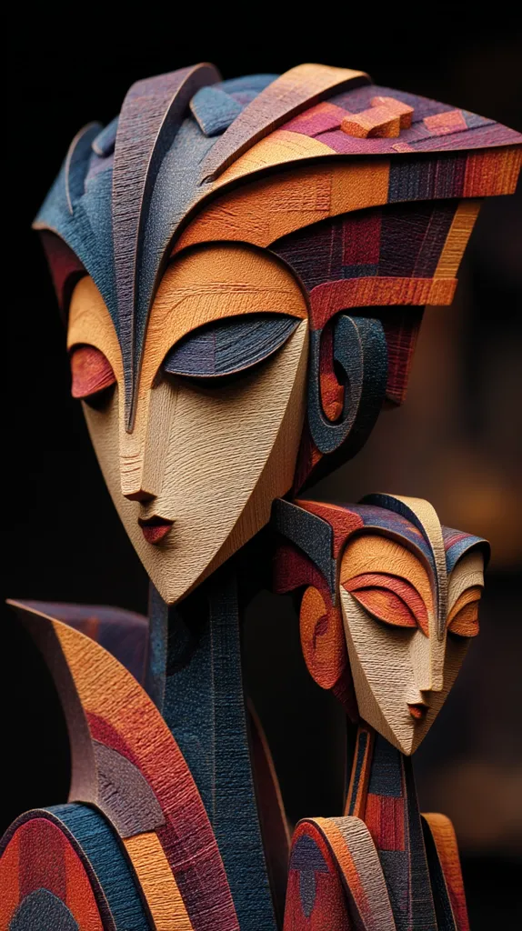 A striking abstract wooden sculpture depicts two stylized female figures, one larger than the other.  The figures are intricately carved with geometric patterns and layered textures in warm, earthy tones of orange, red, and deep blues. The sculpture's design suggests a mother and child, unified by their shared style and composition.  The overall effect is one of elegance and sophisticated craftsmanship.