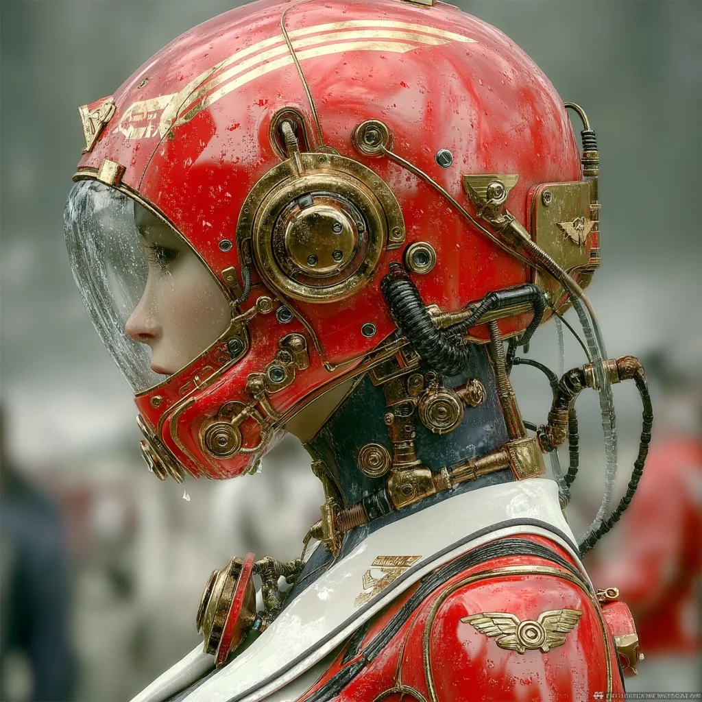 A close-up profile view of a female cyborg, seemingly in a pilot's helmet. The helmet is predominantly red with gold accents and intricate steampunk-style mechanics visible. Water droplets adorn the helmet and suit, suggesting a rainy atmosphere. The cyborg's expression is serene, yet mechanical details are evident in the neck and shoulders.  The overall aesthetic is futuristic yet retro, blending advanced technology with vintage design elements.