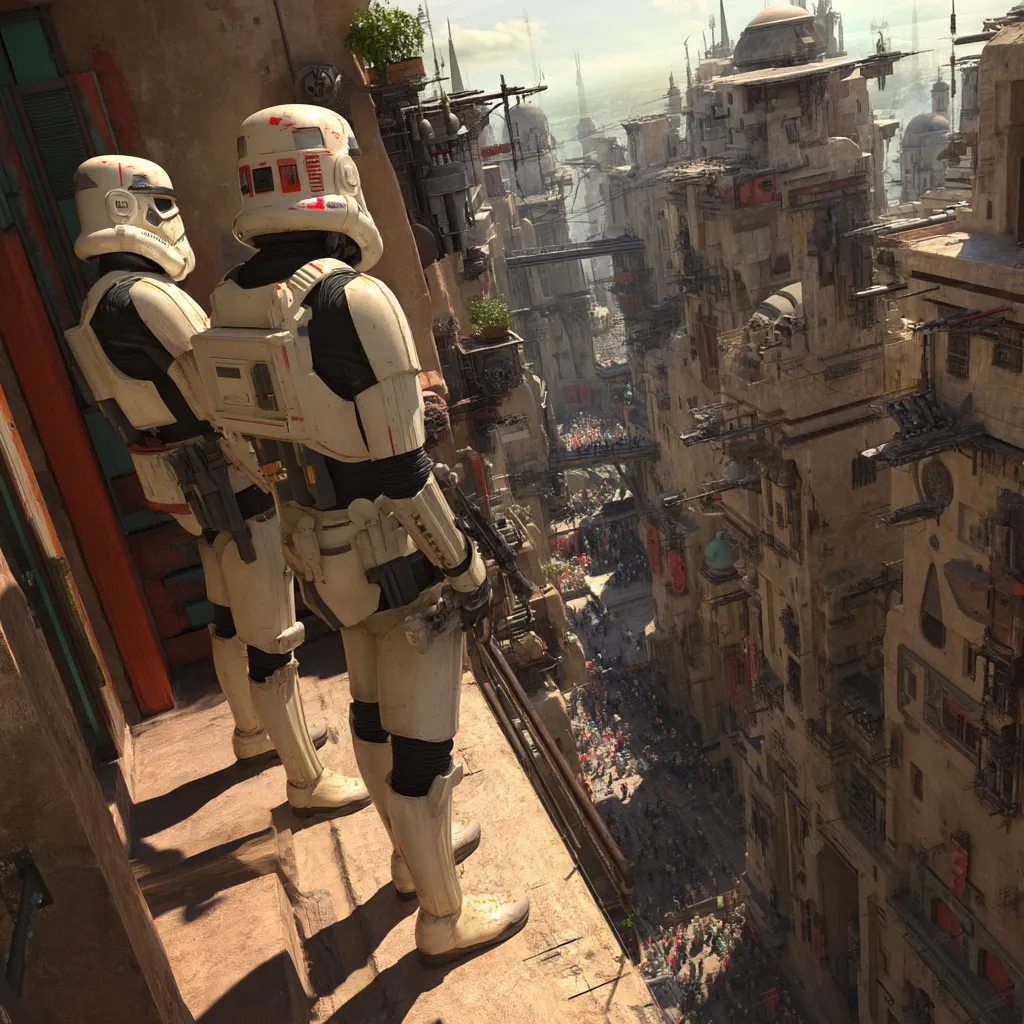 Two stormtroopers stand on a balcony overlooking a bustling, densely populated city.  The cityscape is a mix of aged, tan buildings stacked closely together, creating a labyrinthine urban environment.  The stormtroopers, in their distinctive armor, appear to be observing the activity below, their backs to the viewer.  The scene evokes a futuristic, possibly war-torn setting.  The overall aesthetic is gritty and detailed.