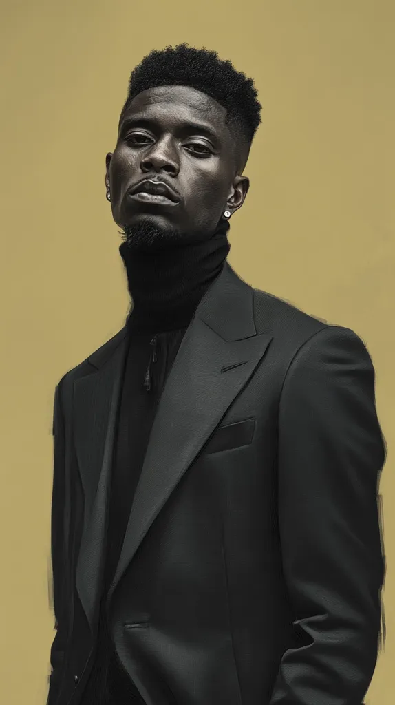A portrait of a young Black man with a short, textured hairstyle. He's dressed in a sharp black suit jacket over a black turtleneck.  His expression is serious, almost pensive, with a direct gaze at the camera. The background is a muted gold, contrasting with the dark tones of his attire.  The overall aesthetic is stylish and sophisticated.