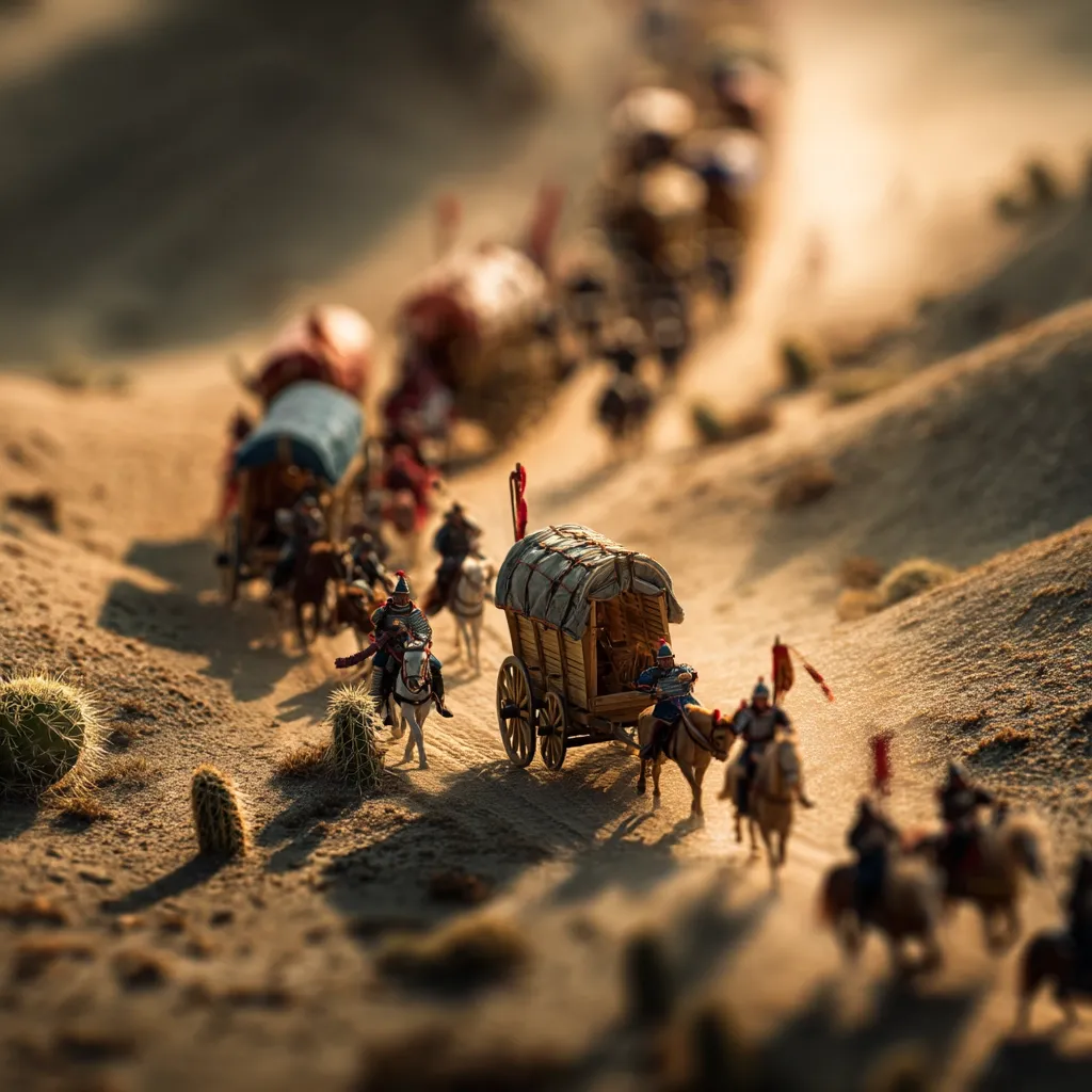 A miniature diorama depicts a caravan traversing a sandy landscape.  Numerous figures on horseback escort a line of covered wagons, stretching into the distance.  The scene is bathed in warm, golden light, emphasizing the scale and detail of the miniature figures and their desert setting.  Small cacti dot the foreground, adding to the arid environment.