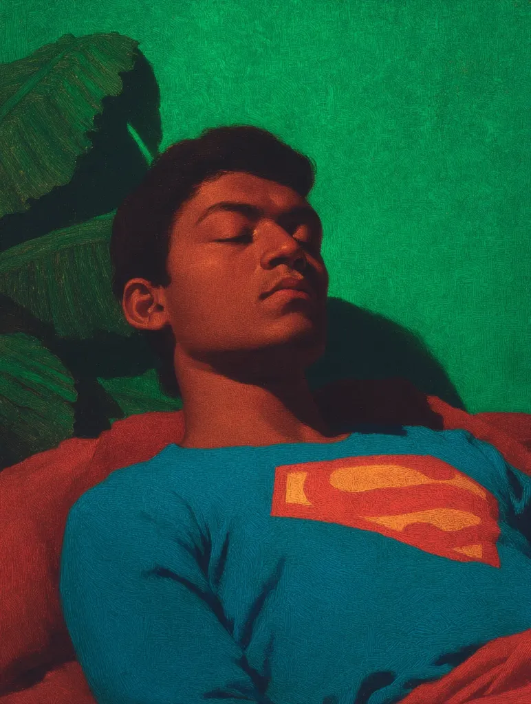 A young man with dark skin rests peacefully, his eyes closed.  He wears a teal long-sleeved shirt adorned with the Superman logo.  The setting is dramatic, with a vibrant green background and large tropical leaves partially obscuring him. The lighting casts a warm glow on his skin, contrasting with the cool green backdrop. The overall mood is one of quiet contemplation and hidden strength.
