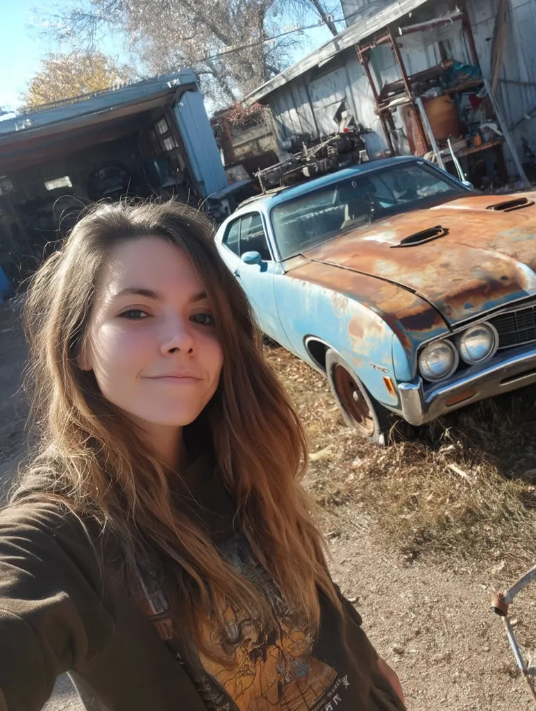 A young woman with long brown hair takes a selfie.  She's wearing a brown sweatshirt with a graphic design.  Behind her is a rusty, light blue classic car parked near a cluttered backyard workshop and garage.  The setting suggests a rural or suburban area. The sun is shining brightly, casting shadows.