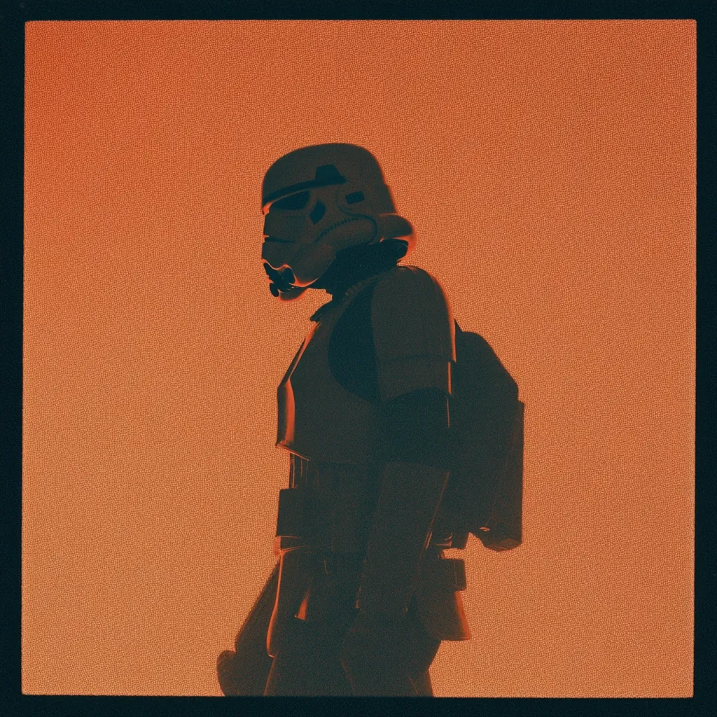 A stark silhouette of a stormtrooper stands against a vibrant orange backdrop.  The figure is captured in profile, helmet slightly turned, suggesting a moment of contemplation or observation.  The warm, saturated color of the background contrasts sharply with the dark, imposing figure of the trooper, creating a dramatic and visually arresting image. The overall mood is one of mystery and tension.