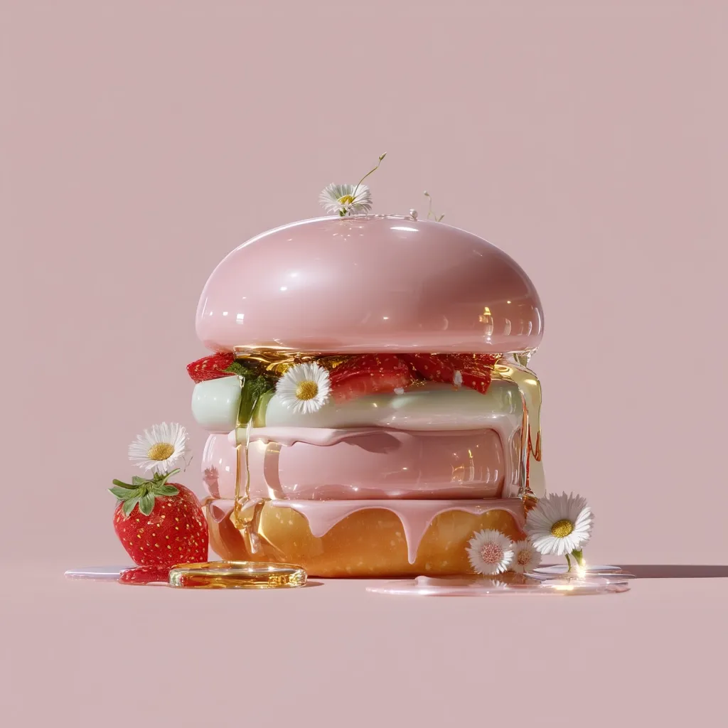 A stylized, three-layered dessert resembling a burger is presented against a pale pink backdrop.  Each layer is a different shade of pink, with the top layer having a glossy finish.  Strawberries, chamomile flowers, and a honey-like drizzle adorn the confection. The overall aesthetic is delicate and dreamy.