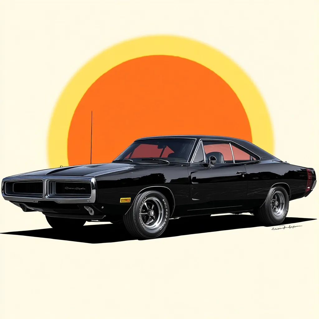 A sleek, black 1970 Dodge Charger R/T is depicted against a stylized orange and yellow sun.  The classic muscle car is rendered with meticulous detail, showcasing its powerful lines and iconic design. The image evokes a sense of nostalgia and the freedom of the open road.  The artist's signature is subtly placed near the car's shadow.