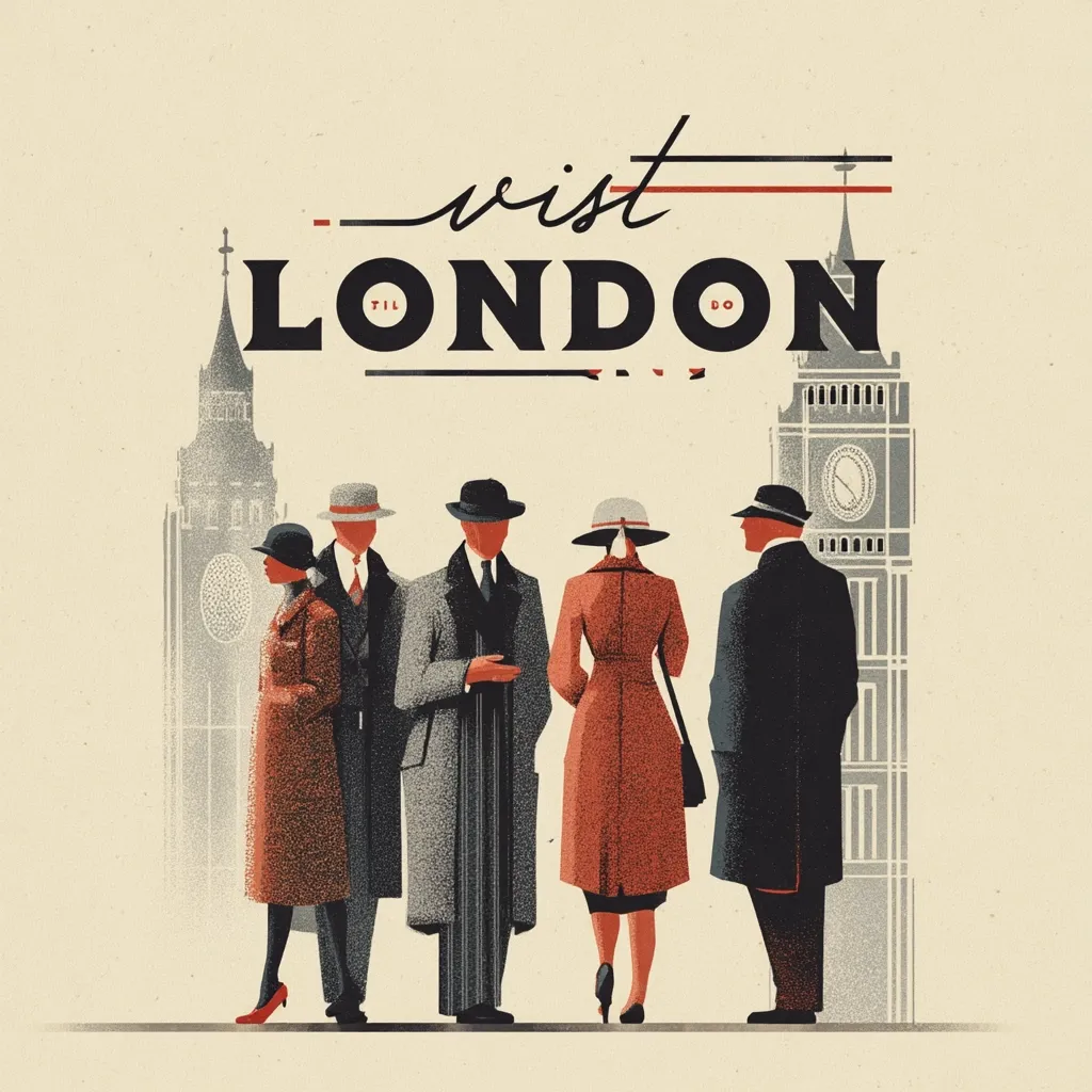 A vintage-style travel poster advertises a visit to London.  The artwork features four stylishly dressed figures from the 1920s or 30s standing before Big Ben and the Houses of Parliament.  The text "Visit London" is prominently displayed in a retro typeface, evoking a sense of nostalgia and classic travel. The overall aesthetic is elegant and sophisticated, suggesting a refined and memorable experience.