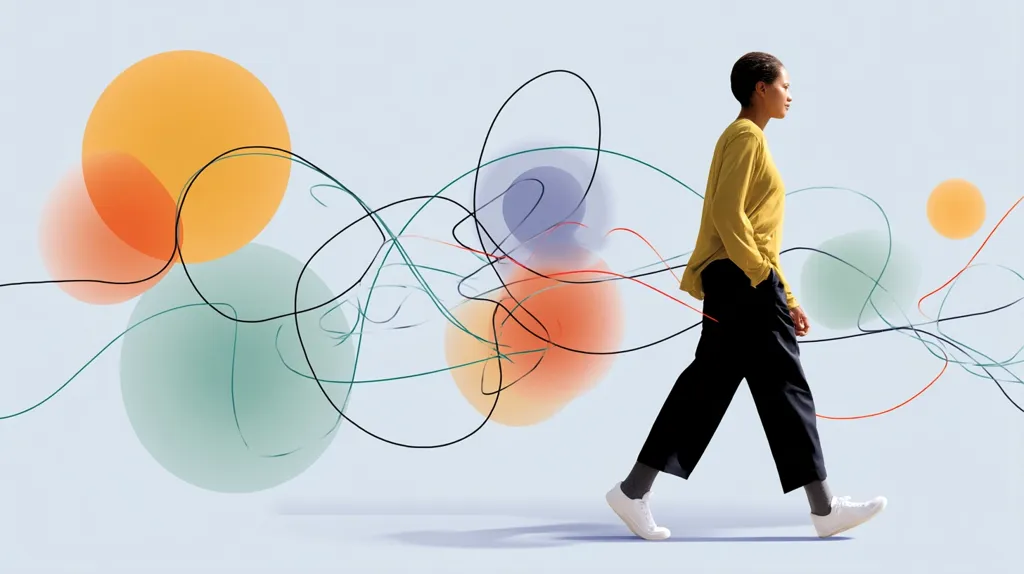 A person in a mustard yellow long-sleeve shirt and black pants walks to the right against a backdrop of colorful, translucent orbs and abstract, flowing lines. The scene is minimalist and modern, with a pastel blue background.  The image evokes a sense of movement and fluidity, suggesting progress or a journey through complex ideas.