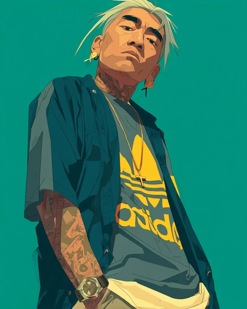 A stylized illustration of a young man with light gray hair, wearing a teal Adidas shirt, a gold cross necklace, and a watch. He has tattoos on his arms and gold cross earrings.  The artwork is sharp and bold, with a vibrant teal background and contrasting yellow Adidas logo.  His expression is serious and his gaze is direct, creating a strong visual impact.