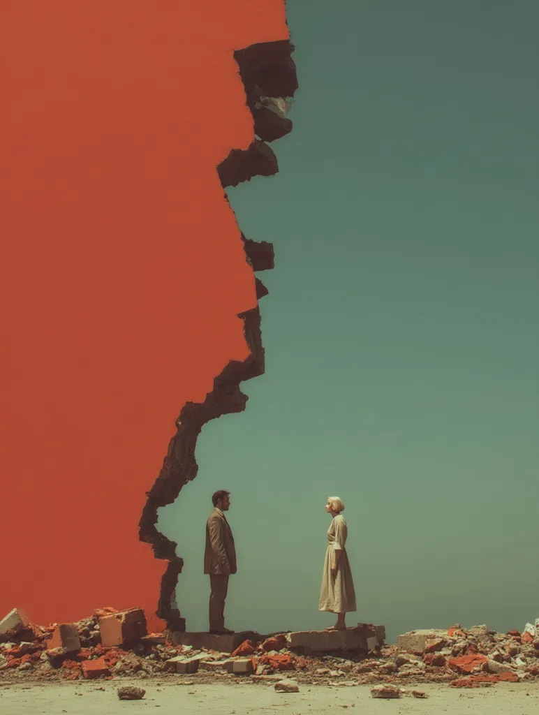 A man and a woman stand on opposite sides of a large crack in a vibrant orange wall against a muted green sky.  The crack is jagged and filled with rubble, symbolizing a separation or division.  They are dressed in simple, muted clothing, facing each other, creating a poignant scene of distance and potential reconciliation amidst destruction.  The surreal setting enhances the emotional impact of the image.