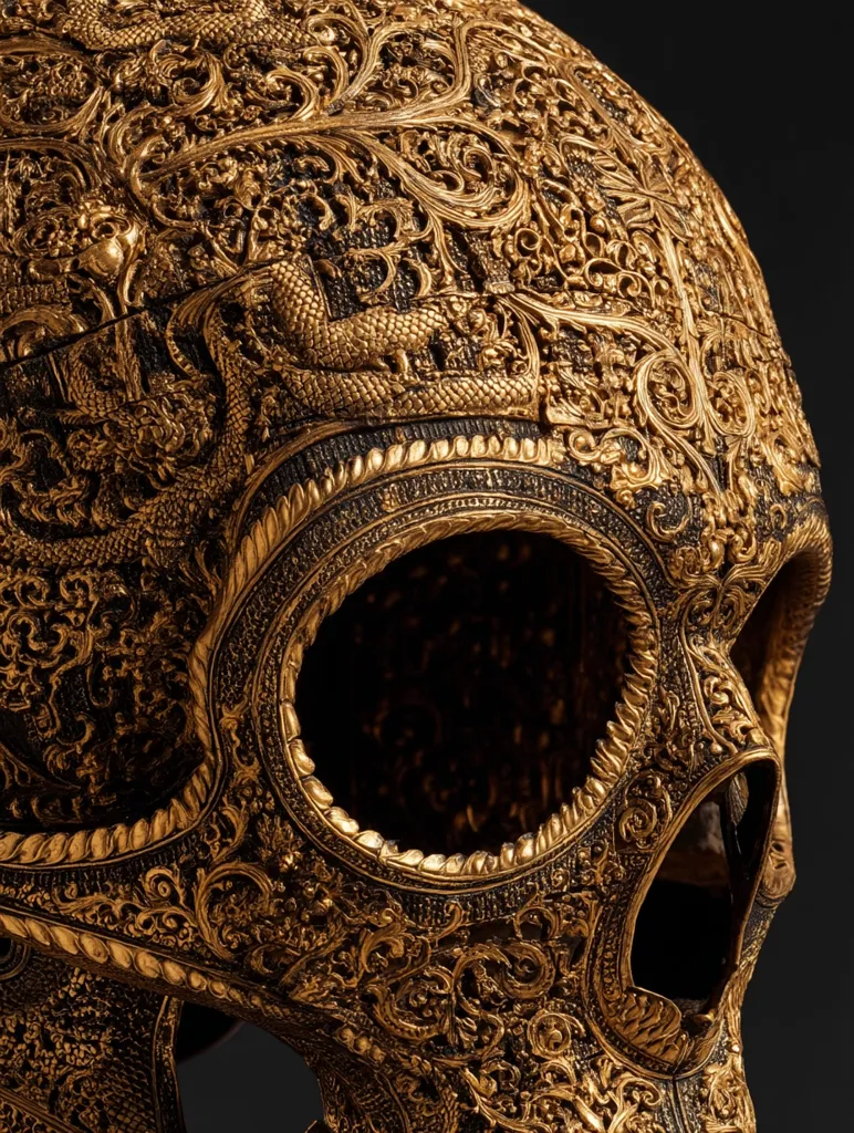 A detailed close-up reveals a meticulously crafted human skull, its surface adorned with intricate gold filigree.  The ornate design features swirling patterns, floral motifs, and reptilian figures, all deeply etched into the dark background.  The skull's eye sockets are clearly visible, adding to the striking contrast between the detailed artistry and the underlying skeletal form.  The overall effect is one of exquisite craftsmanship and macabre beauty.