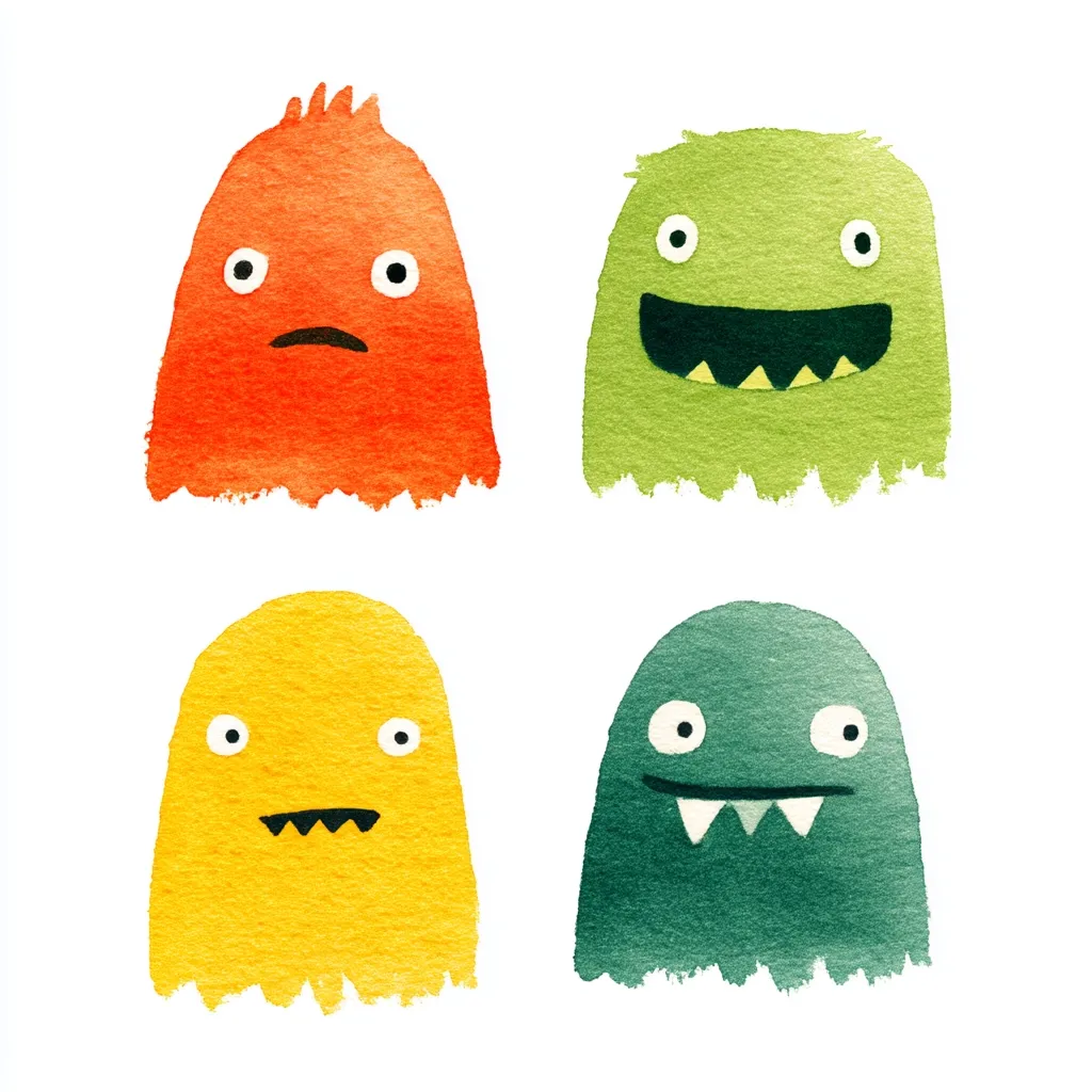 Four whimsical watercolor monsters, each a different color, are arranged in a 2x2 grid.  They have simple, expressive faces: one is sad, one is grinning widely, and two have slightly mischievous expressions.  Their fuzzy, cloud-like bodies give them a friendly, slightly spooky appearance.  The artwork is bright, playful, and suitable for children.