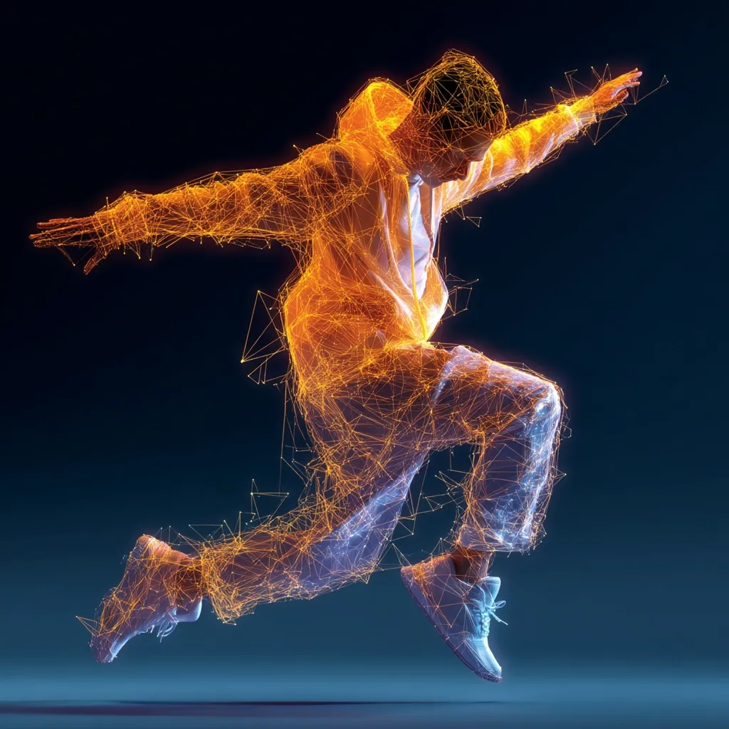 A dynamic digital rendering showcases a breakdancer in mid-leap.  The figure is depicted as a constellation of interconnected points, glowing with warm orange and cool blue hues. The dancer wears a hooded tracksuit, emphasizing the energy and fluidity of the movement. The artwork blends athleticism with a futuristic, almost ethereal, aesthetic.