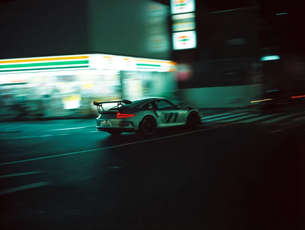 A silver Porsche 911 GT3 is captured in motion blur at night, speeding past a brightly lit convenience store.  The city background is a blur of neon lights and dark buildings, emphasizing the car's speed and the dynamic energy of the urban scene. The image has a cool, almost cinematic feel, enhanced by the dark tones and motion effect.
