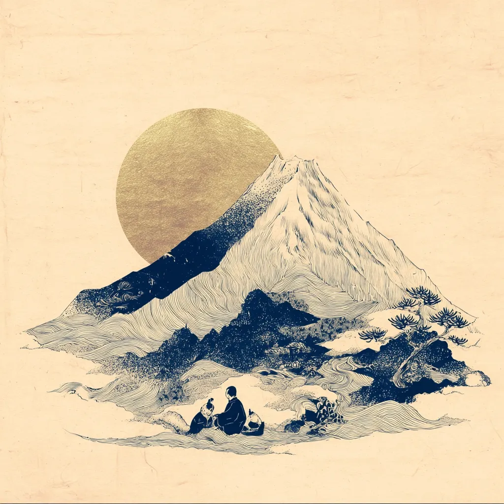 A serene illustration depicts Mount Fuji under a golden sun.  Detailed linework showcases the mountain's texture and surrounding landscape, rendered in calming blues and beige tones. Two figures, possibly a teacher and student, sit contemplatively in the foreground, adding a sense of peaceful solitude to the scene. The overall aesthetic is reminiscent of traditional Japanese art.