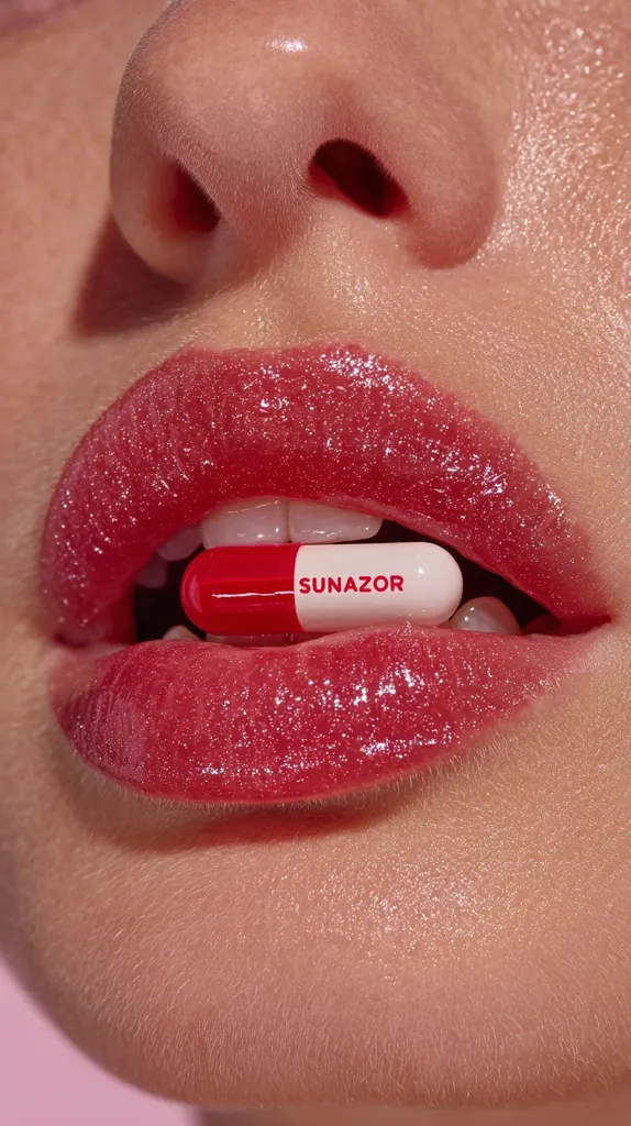 Close-up of a woman's lips, glossy and painted a deep red.  Between her teeth, she holds a capsule with the word "SUNAZOR" printed on it. The image focuses on the detail of the lips and the pill, creating a striking visual contrast. The overall aesthetic is bold and slightly surreal.