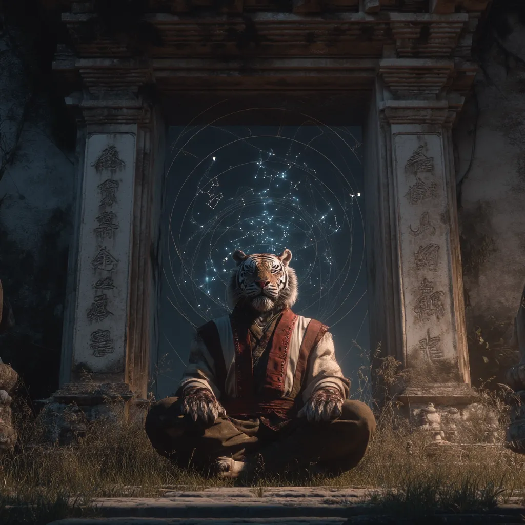 A majestic tiger-headed humanoid sits in a meditative pose before an ancient, stone gateway.  The night sky behind him shimmers with constellations, creating a mystical atmosphere.  He is dressed in traditional Asian robes, his paws resting calmly in his lap.  The scene evokes a sense of serene wisdom and ancient power.  The weathered stone pillars are inscribed with characters, adding to the image's mysterious allure.