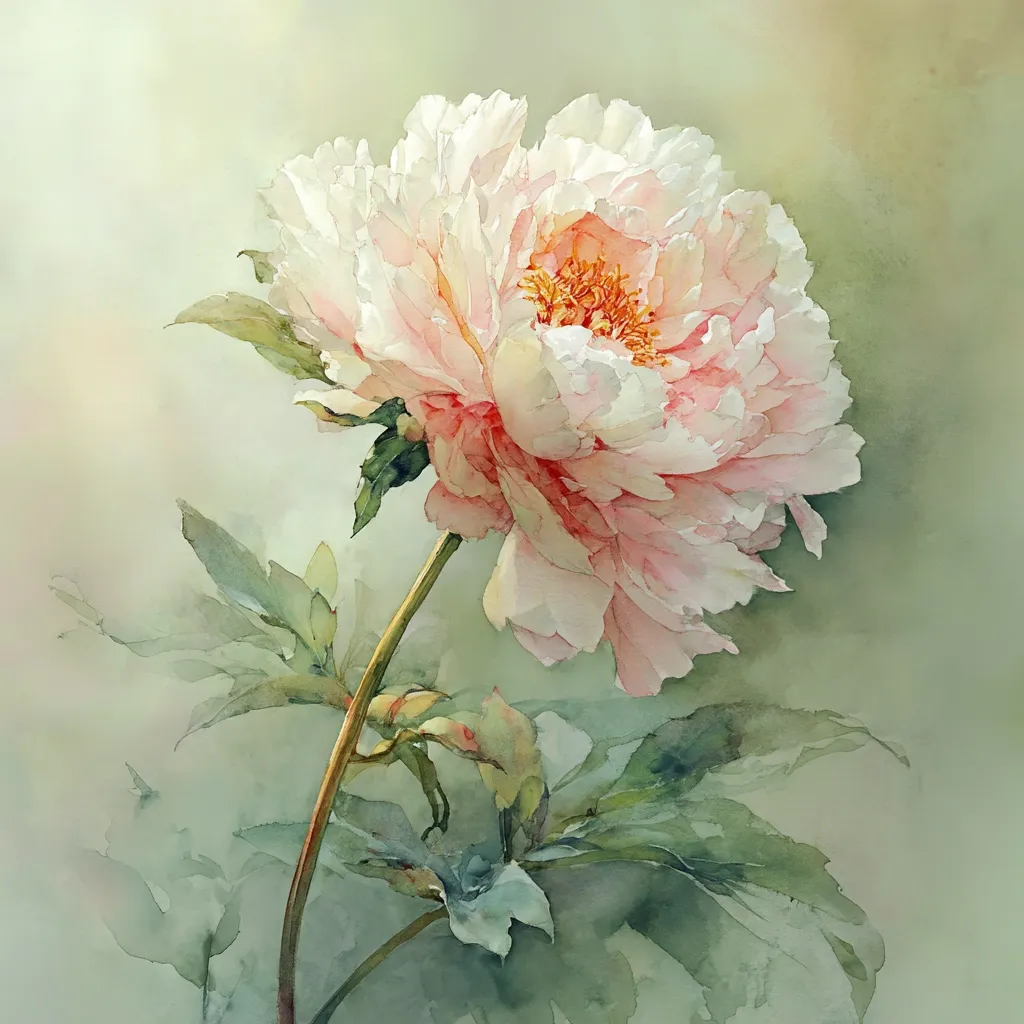 A delicate watercolor painting showcases a single, pale pink peony in full bloom.  The flower's soft petals are rendered with subtle shading, highlighting their delicate texture.  The stem, slender and elegant, rises from verdant leaves painted with translucent washes, creating a sense of gentle movement. The background is a soft, muted green, enhancing the peony's ethereal beauty.