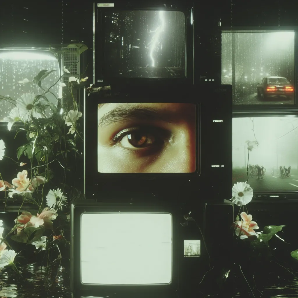A surreal digital artwork features a collage of vintage televisions.  One screen displays a close-up of a brown eye, while others show scenes of a stormy night, a rainy city street, and a foggy road with cyclists.  Lush flowers and foliage frame the televisions, creating a juxtaposition between technology and nature in a dark, moody atmosphere. The overall aesthetic is dreamlike and evocative.