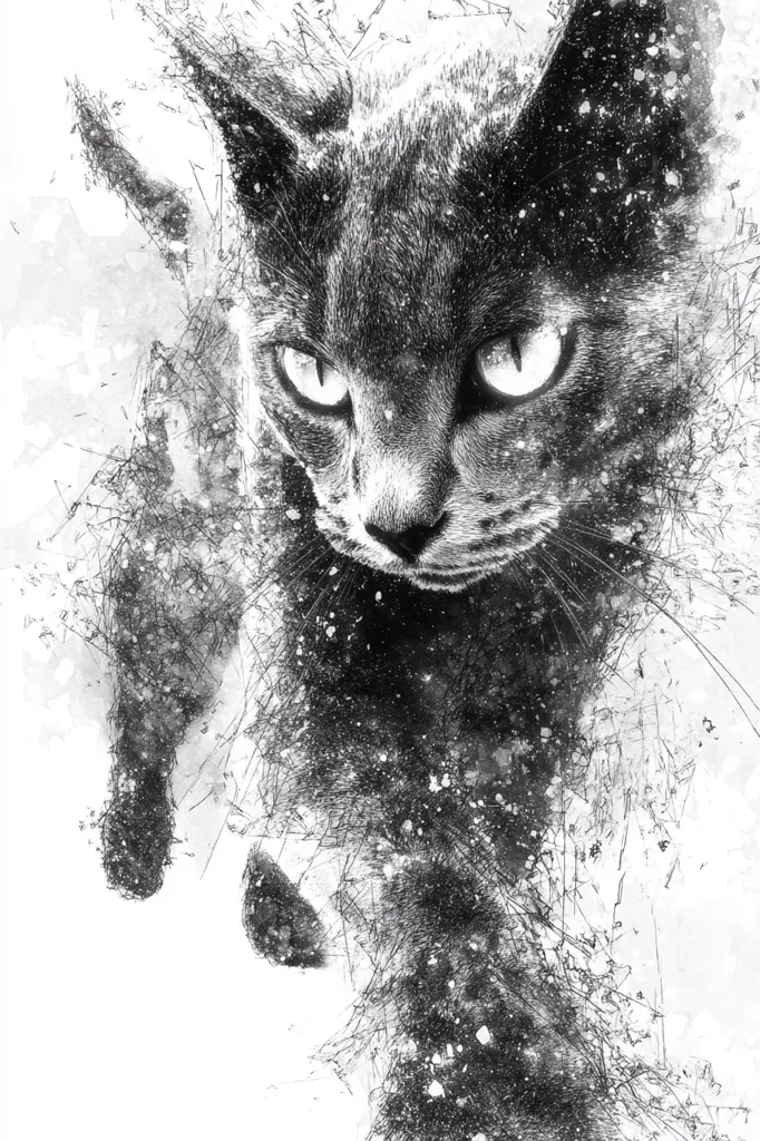 A captivating monochrome portrait of a cat, rendered in a striking blend of sketch and watercolor styles. The cat's intense gaze is highlighted by its piercing eyes, while the background features a dynamic interplay of splatters and fragmented lines, creating a sense of motion and energy. The overall effect is a powerful and artistic representation of feline intensity.