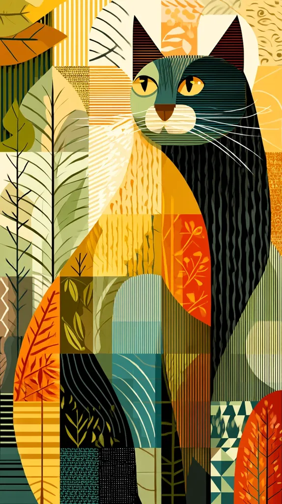 A stylized illustration of a cat, depicted in a patchwork of geometric shapes and autumnal colors.  The cat's form is segmented into various textured patterns, including stripes, wavy lines, and knit-like designs, all overlaid on a backdrop of stylized foliage.  The overall effect is a vibrant and modern interpretation of nature and animal portraiture. The color palette is warm, with oranges, yellows, and greens dominating.