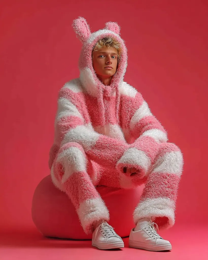 A young man with blond hair sits on a pink ball, wearing a pink and white striped fluffy hooded jumpsuit with bunny ears.  The jumpsuit is long and loose-fitting, and he wears white sneakers. The background is a solid pink, creating a vibrant and playful image. The overall style is whimsical and fashionable.