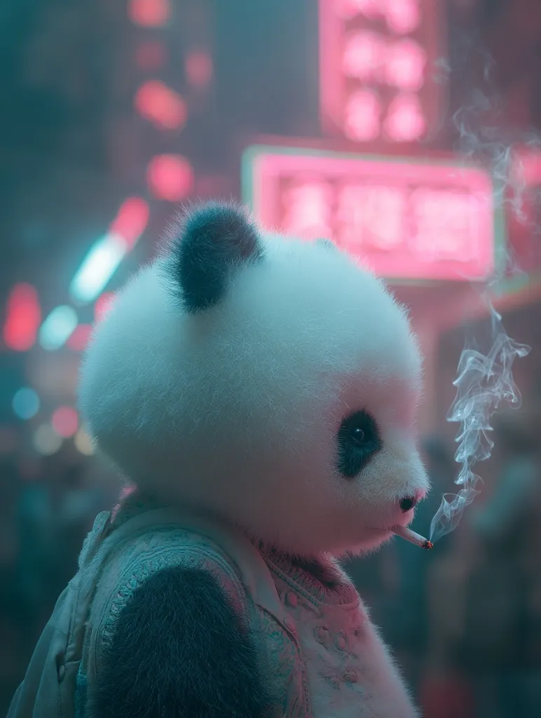 A fluffy panda, wearing a stylish jacket and carrying a backpack, stands in a vibrant, neon-lit city street at night.  The panda nonchalantly smokes a cigarette, its expression serene against the blurred backdrop of glowing signs and city lights. The image is stylized with a cool, almost cyberpunk aesthetic.
