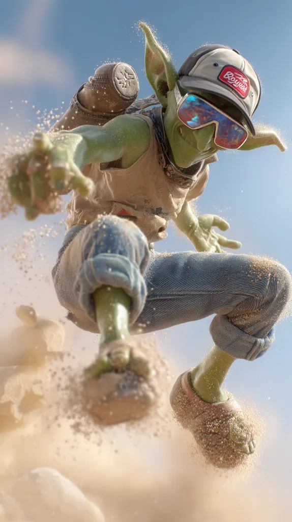 A goblin-like creature, sporting a baseball cap and sunglasses, leaps through the air, kicking up sand.  He wears a worn, casual outfit and carries a backpack.  The scene is set against a bright blue sky, with the sand creating a hazy effect around the figure. The image is vibrant and dynamic, suggesting a sense of playful energy.