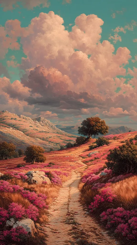 A picturesque, sun-drenched landscape unfolds, featuring a meandering dirt path leading through a field of vibrant pink wildflowers.  Rolling hills and mountains form a backdrop under a sky filled with voluminous, rosy clouds.  Scattered trees dot the landscape, adding depth and texture to the scene, creating a peaceful and idyllic atmosphere.