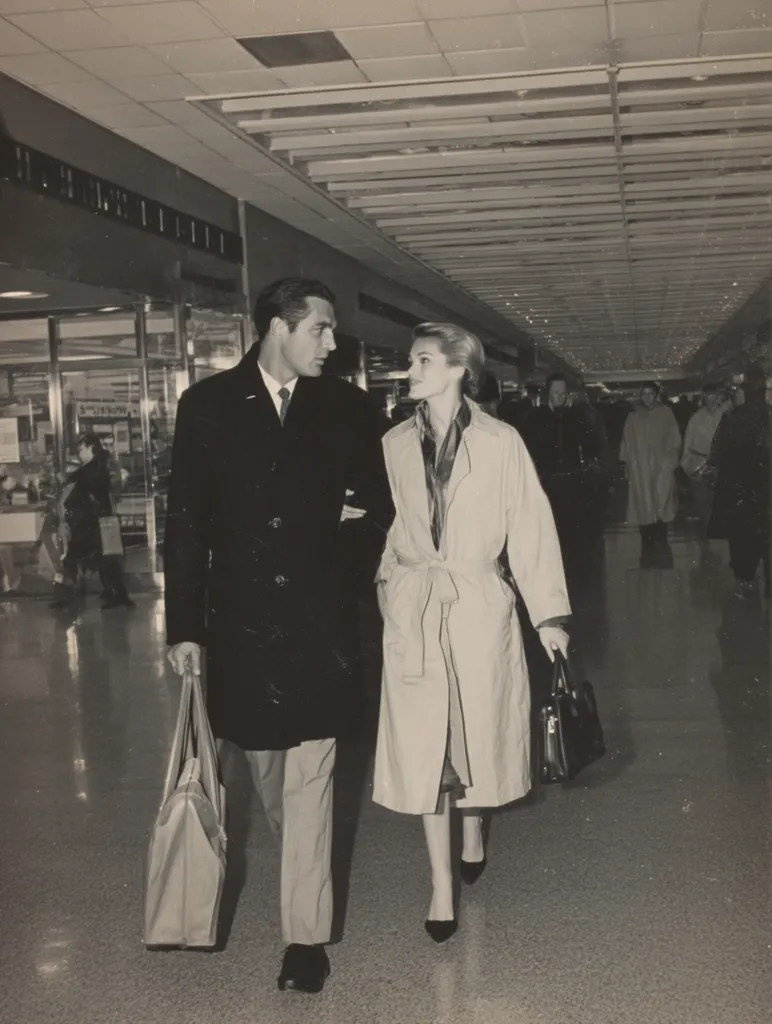 A black and white photograph shows a stylish couple walking arm-in-arm through a modern, brightly lit airport corridor. The man, in a dark overcoat and carrying a large tote bag, gazes affectionately at the woman beside him. She is elegantly dressed in a light-colored trench coat and carries a smaller handbag.  The background is blurred but reveals other travelers and the architectural details of the terminal.  The image conveys a sense of sophisticated travel and quiet intimacy.