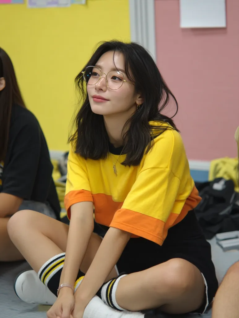 A young woman with dark hair sits cross-legged on the floor, wearing round glasses and a yellow and orange t-shirt with black shorts.  She has striped socks and a contemplative expression.  The background features yellow and pink walls and a glimpse of another person.  The overall impression is one of casual youthfulness.