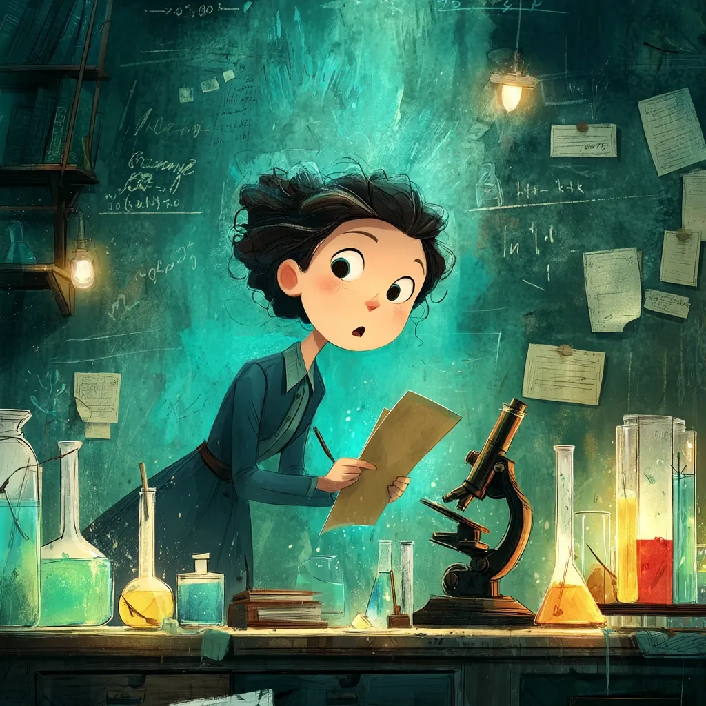A whimsical illustration depicts a young girl, reminiscent of a young scientist, engrossed in her work.  She leans over a lab bench cluttered with beakers, flasks filled with colorful liquids, and a vintage microscope.  A surprised expression graces her face as she examines a document. The teal-toned background features a chalkboard covered in scientific equations and notes, adding to the enchanting atmosphere of scientific discovery.
