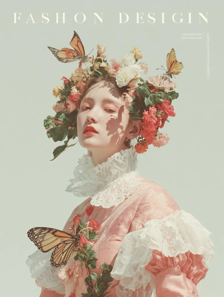 A fashion design image features a woman adorned with a floral crown and butterflies.  She wears a delicate, blush-pink dress with lace detailing.  The overall aesthetic is romantic and ethereal, with soft pastel tones and a dreamy atmosphere. The butterflies and flowers are intricately arranged, enhancing the whimsical beauty of the portrait. The title "FASHION DESIGN" is prominently displayed.