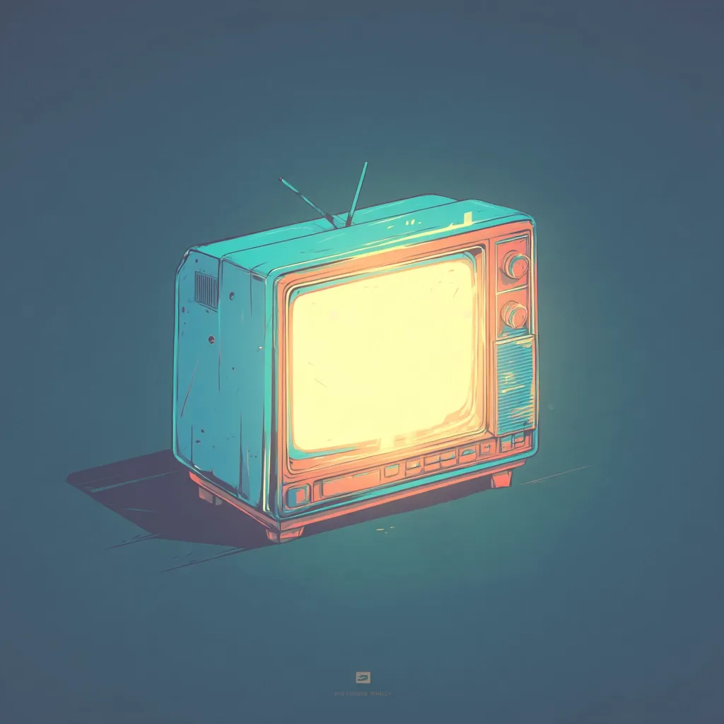 A retro-styled illustration depicts a teal vintage television set with a warm, glowing screen against a dark teal background.  The television is slightly angled, casting a subtle shadow. Its design is simplistic yet evocative of a bygone era of television viewing. The overall aesthetic is nostalgic and minimalist.