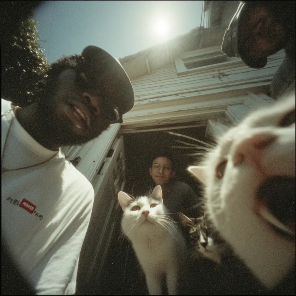 A low-angle, close-up shot features three people and two cats near a doorway.  Two individuals are in the foreground, one wearing a white t-shirt and a baseball cap, the other partially visible behind. A third person stands further back, slightly out of focus. Two white and grey cats are positioned centrally in the frame, their expressions adding a playful contrast to the scene's overall candid nature. The background shows a weathered light-colored house.  The image has a vintage, film-like quality.