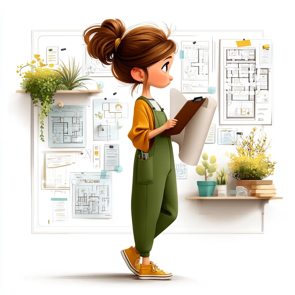 A young woman, depicted in a stylized cartoon manner, stands reviewing architectural blueprints.  She wears olive green overalls and mustard yellow sweater.  The background features a wall covered in various floor plans and design sketches, suggesting an architectural or design office setting.  Small potted plants add a touch of nature to the scene. The overall style is bright, cheerful, and whimsical.