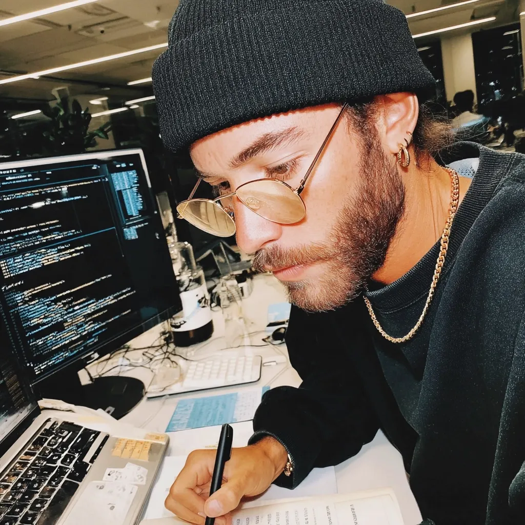 A bearded man wearing a black beanie, round glasses, and a gold necklace sits at a desk.  He's intently writing in a notebook, with a laptop and computer monitors displaying code visible in the background. The setting appears to be a modern office workspace.  The overall mood is one of focused concentration.