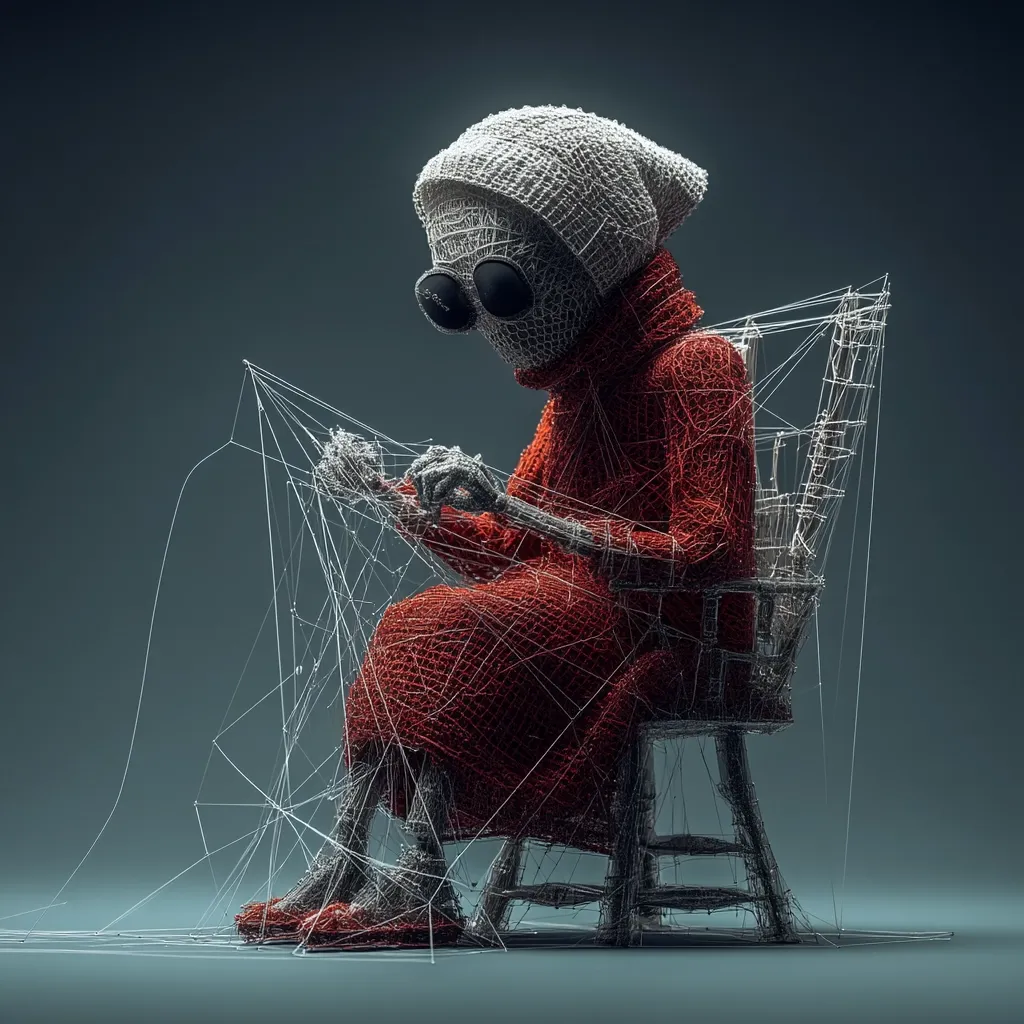 A digital artwork depicts a figure resembling a frail, cloaked woman seated on a wire-frame chair.  She wears a white bonnet and a red robe, both intricately woven from thin, white threads.  The figure meticulously works on a large, complex web extending across the floor, her actions suggesting a delicate and potentially sinister craft. The overall aesthetic is dark, detailed, and subtly unsettling.