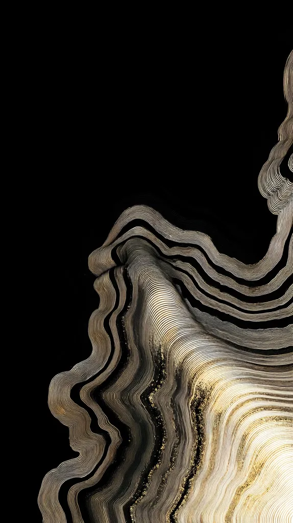 The image showcases an abstract design featuring flowing, wave-like lines in shades of gold and black against a stark black backdrop.  The lines create a sense of depth and movement, resembling a swirling, organic form.  The gold accents add a luxurious touch, while the dark background enhances the contrast and visual impact.  The overall aesthetic is modern and sophisticated.