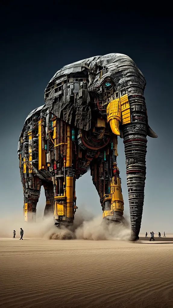 A colossal robotic elephant, constructed from intricate gears and metallic components, predominantly dark gray and accented with yellow, traverses a desolate, sandy landscape.  Dust billows from its massive feet as it moves.  In the distance, tiny human figures appear dwarfed by the immense mechanical beast, highlighting its scale and power. The dark sky provides a dramatic backdrop.