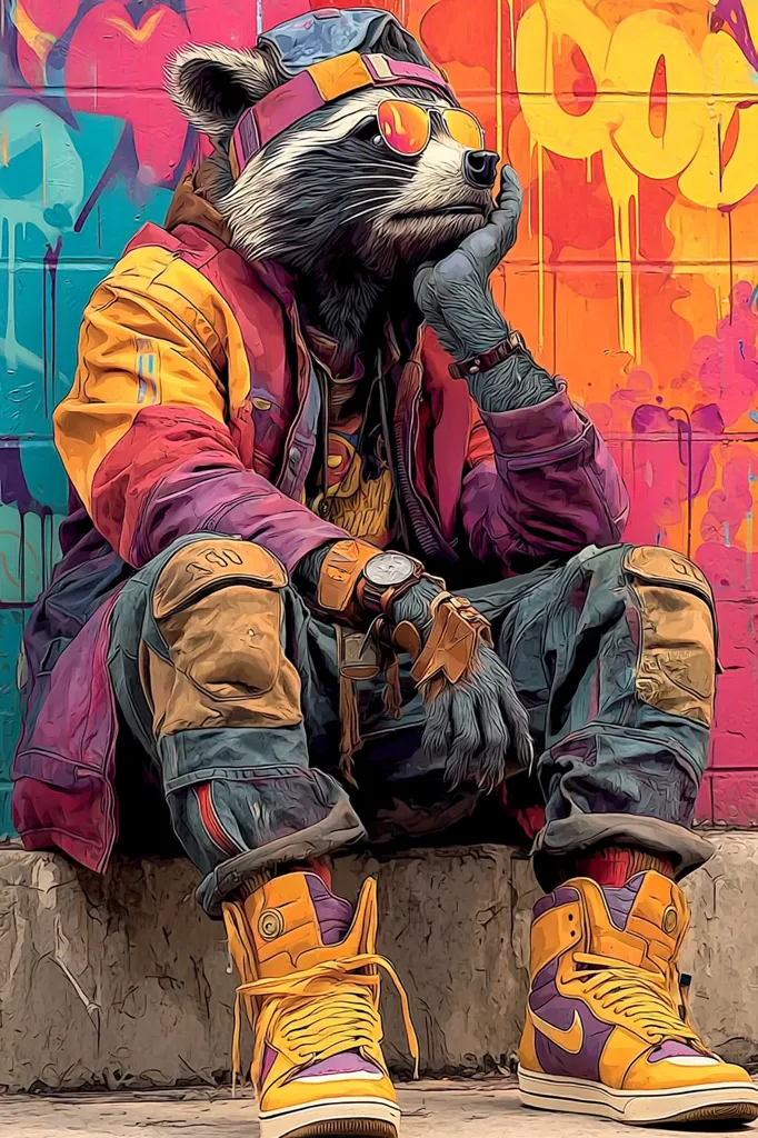A stylized raccoon, wearing a vibrant colorful jacket, pants, and high-top sneakers, sits against a graffiti-covered wall.  The raccoon has sunglasses and a thoughtful expression, hand resting on its chin. The artwork is bold and graphic, with saturated colors and a strong contrast between the animal and its urban backdrop. The overall style is a blend of street art and anthropomorphic character design.