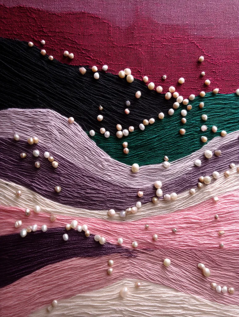 A textile art piece depicting a landscape of rolling hills.  The hills are rendered in varying shades of pink, purple, green, and black thread, creating a soft, textured effect.  Small, off-white pearls are scattered across the surface, adding a delicate sparkle and suggesting falling snow or stars. The overall impression is one of serene beauty and gentle movement.