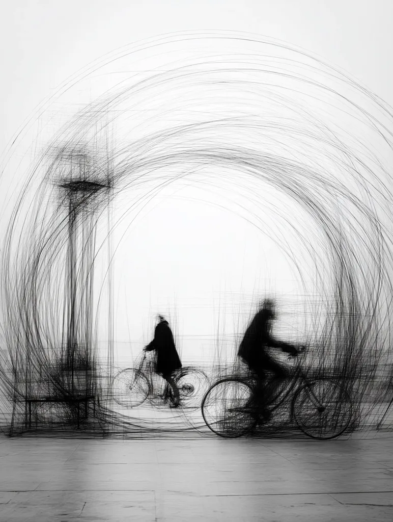 A monochrome image showcases two blurred figures cycling through a space defined by swirling, abstract lines.  The lines create a sense of motion and speed, enveloping the cyclists and a partially visible streetlamp. The background is a light, almost white expanse, contrasting with the dark silhouettes of the riders and their bicycles. The overall effect is one of dynamic energy and ethereal movement.