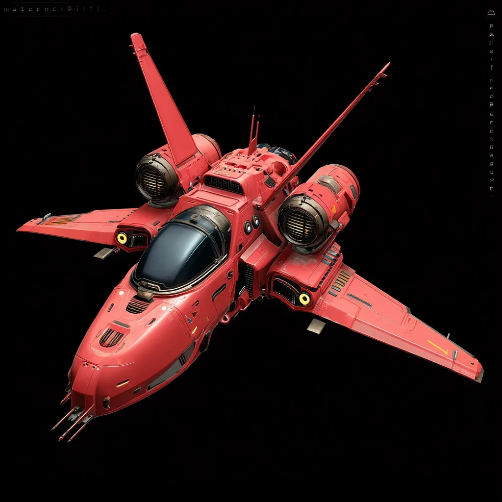 A vibrant crimson spaceship, sleek and futuristic, dominates the dark background.  Its design incorporates sharp angles and rounded elements, with visible engines and a prominent cockpit.  Detailed textures and metallic accents enhance its sci-fi aesthetic. The vessel's overall form suggests speed and agility, hinting at a powerful, agile spacecraft.