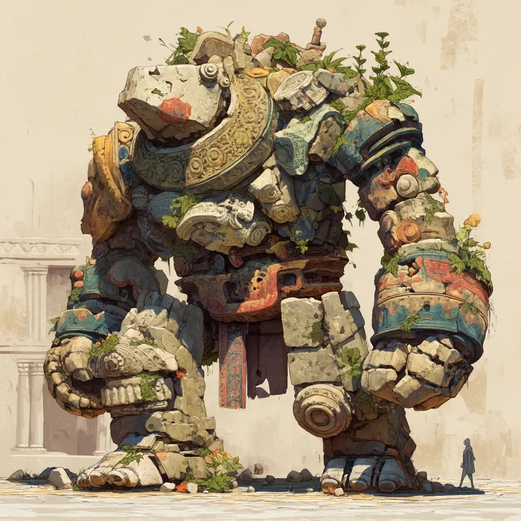 A colossal stone golem, weathered and overgrown with vegetation, stands majestically.  Its body is composed of numerous fragmented stone pieces, intricately carved and painted in earthy tones with hints of vibrant color.  The golem's design suggests an ancient, possibly Mayan or Aztec, influence.  A small figure in the distance provides a scale comparison, emphasizing the giant's immense size.  The overall style is painterly, with visible brushstrokes and a muted color palette.